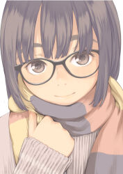 Rule 34 | 1girl, black hair, brown eyes, glasses, highres, kamo (gafas), looking at viewer, scarf, short hair, smile, solo, sweater, winter clothes