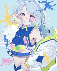 Rule 34 | 1boy, androgynous, belt, blue background, blue belt, blue hair, blue shirt, closed mouth, crop top, earrings, ensemble stars!, green jacket, highres, irikowo, jacket, jacket partially removed, jewelry, male focus, medium hair, multiple earrings, official alternate costume, outline, paint on body, paint on fingers, paint splatter, paint splatter on face, purple eyes, shino hajime, shirt, simple background, sleeveless, sleeveless shirt, smile, solo, star (symbol), white jacket, white outline