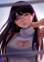 Rule 34 | 1girl, arm up, armpits, artist name, black-framed eyewear, black hair, blunt bangs, blurry, blurry foreground, breasts, cleavage, cleavage cutout, closed mouth, clothing cutout, depth of field, earrings, glasses, hand on own neck, head tilt, highres, jewelry, large breasts, lips, long hair, magion02, original, purple eyes, round eyewear, sleeveless, sleeveless turtleneck, smile, solo, sweater, thick eyebrows, turtleneck, turtleneck sweater, upper body, white sweater