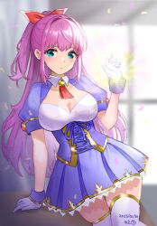 Rule 34 | 1girl, arm at side, arm support, blue eyes, blurry, blurry background, breasts, cleavage, cleavage cutout, closed mouth, clothing cutout, collar, collared dress, corset, cowboy shot, dress, expressionless, gloves, glowing, gold trim, hair between eyes, hand up, highres, leaning to the side, light blush, long hair, looking at viewer, medium breasts, original, pink hair, pleated dress, puffy sleeves, purple dress, short dress, short sleeves, sidelocks, solo, thighhighs, white collar, white gloves, white thighhighs, window, yuekuratsu, zettai ryouiki