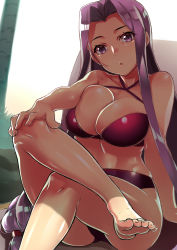 Rule 34 | 1girl, bad id, bad pixiv id, bare shoulders, barefoot, bikini, breasts, chiha (abo ecm mk25), cleavage, collarbone, commentary request, artistic error, fate/grand order, fate/stay night, fate (series), feet, hand on own knee, highres, hip focus, large breasts, crossed legs, long hair, looking at viewer, low-tied long hair, medusa (fate), medusa (rider) (fate), palm tree, purple eyes, purple hair, sidelocks, sitting, solo, swimsuit, tree, very long hair, wrong foot
