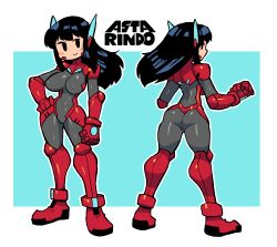 1girl, absurdres, ass, asta rindo, black eyes, black hair, blue background, blush stickers, bodysuit, border, breasts, character name, closed mouth, contrapposto, covered navel, covered nipples, grey bodysuit, hand on hip, highres, large breasts, long hair, looking at viewer, multiple views, original, outline, rariatto (ganguri), red bodysuit, robot ears, smile, standing, white border, white outline