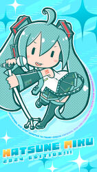 Rule 34 | 1girl, ahoge, aqua footwear, aqua hair, aqua skirt, aqua sleeves, blue background, character name, commentary request, deformed, detached sleeves, gotthi, hatsune miku, highres, holding, holding microphone, holding microphone stand, long hair, microphone, microphone stand, music, number tattoo, open mouth, singing, single tooth, skirt, solid oval eyes, solo, tattoo, twintails, very long hair, vocaloid