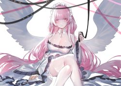 Rule 34 | 1girl, angel wings, azur lane, black ribbon, breasts, cleavage, commentary request, crossed legs, detached collar, dress, frilled dress, frills, headdress, highres, holding, horz, jewelry, long hair, necklace, perseus (azur lane), pink eyes, pink hair, pink ribbon, ribbon, solo, thighhighs, twintails, very long hair, wings