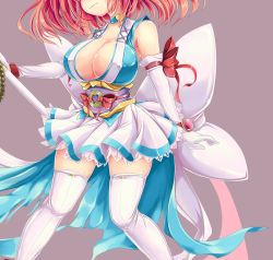 Rule 34 | 1girl, bare shoulders, blush, bow, breasts, cleavage, curvy, death angel komachi, elbow gloves, female focus, gloves, head out of frame, ichirino minagi, large bow, large breasts, magical girl, miniskirt, obi, onozuka komachi, original, red hair, ribbon, sash, scythe, skirt, solo, thighhighs, torn clothes, touhou, wide hips