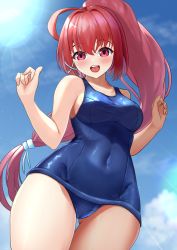 Rule 34 | 1girl, blue sky, blue one-piece swimsuit, breasts, covered navel, day, dorachan r, from below, hair ornament, hair ribbon, highres, i-168 (kancolle), kantai collection, long hair, medium breasts, old school swimsuit, one-piece swimsuit, ponytail, red eyes, red hair, ribbon, school swimsuit, sky, solo, standing, swimsuit, x hair ornament