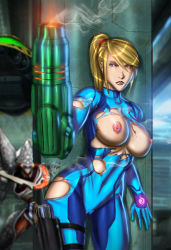Rule 34 | 1girl, blonde hair, bodysuit, breasts, cameltoe, covered navel, gun, hiding, highres, holster, metroid, mole, mole under mouth, monster, neon trim, nintendo, nipples, ponytail, samus aran, skin tight, solo, thigh holster, torn bodysuit, torn clothes, ultamisia, weapon, zero suit