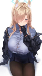Rule 34 | 1girl, animal ear fluff, animal ears, black gloves, black jacket, blonde hair, blue archive, blue eyes, blue shirt, blue skirt, blush, breasts, brown pantyhose, closed mouth, collared shirt, extra ears, gloves, hair over one eye, hand on own chin, highres, jacket, kanna (blue archive), large breasts, long hair, long sleeves, looking at viewer, navel, off shoulder, pantyhose, pencil skirt, ponpon nun, shirt, shirt tucked in, simple background, sitting, skirt, solo, stroking own chin, white background