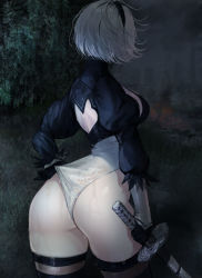 Rule 34 | absurdres, adjusting clothes, adjusting leotard, ass, ass focus, back cutout, black gloves, black thighhighs, breasts, clothing cutout, from behind, gg amang, gloves, grass, grey hair, highres, holding, holding sword, holding weapon, juliet sleeves, katana, leotard, leotard pull, long sleeves, medium breasts, nier:automata, nier (series), puffy sleeves, short hair, skindentation, solo, sweat, sword, thighhighs, weapon, wet, wet clothes, white leotard, 2b (nier:automata)
