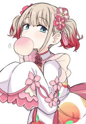 Rule 34 | 1girl, back bow, blue eyes, blush, bow, collared dress, cowboy shot, dress, food, fruit, fruit print, gougoku, highres, idolmaster, idolmaster shiny colors, light brown hair, long bangs, long sleeves, looking at viewer, motion lines, mouth hold, multicolored hair, own hands together, peach, pink bow, print dress, red hair, serizawa asahi, short hair, short twintails, sidelocks, simple background, sleeves past fingers, sleeves past wrists, solo, streaked hair, twintails, white background, white dress