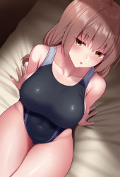 Rule 34 | 1girl, bare arms, bare shoulders, black one-piece swimsuit, blush, breasts, brown hair, collarbone, commentary request, competition swimsuit, covered navel, from above, huyumitsu, large breasts, long hair, one-piece swimsuit, original, parted lips, sitting, solo, swimsuit, thighs, yellow eyes