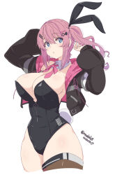 Rule 34 | 1girl, adapted costume, alternate breast size, animal ears, arms up, blue eyes, breasts, cleavage cutout, clothing cutout, cropped legs, dated, detached collar, fake animal ears, fake tail, highres, huge breasts, jacket, kichihachi, kuramochi meruto, leotard, long sleeves, neck ribbon, nijisanji, open clothes, open jacket, pink hair, pink ribbon, playboy bunny, ponytail, rabbit tail, ribbon, sideboob, signature, single thighhigh, solo, tail, thighhighs, virtual youtuber