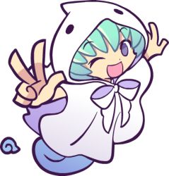 Rule 34 | 1girl, ;d, aqua hair, blue eyes, bow, full body, ghost, ghost tail, hood, lowres, official art, one eye closed, open mouth, puyopuyo, puyopuyo fever, short hair, smile, solo, takenami hideyuki, transparent background, v, white background, wink, yu (puyopuyo)