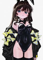 Rule 34 | 1girl, animal ears, black bow, black bowtie, black jacket, black leotard, black thighhighs, blue eyes, blush, bow, bowtie, breasts, brown hair, clothes down, covered navel, cowboy shot, elisia valfelto, eyebrows hidden by hair, fake animal ears, gluteal fold, hair intakes, highleg, highleg leotard, highres, jacket, leotard, long hair, looking at viewer, luicent, open clothes, open jacket, original, playboy bunny, rabbit ears, simple background, small breasts, smile, solo, strapless, strapless leotard, thighhighs, white background