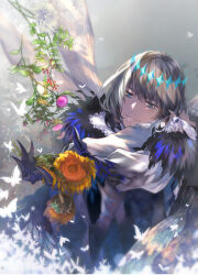Rule 34 | 1boy, blanca (fate), blue eyes, border, bug, butterfly, diamond hairband, fate/grand order, fate (series), flower, grey background, grey hair, holding, holding flower, insect, insect wings, kotobuki toro, looking at flowers, male focus, oberon (third ascension) (fate), parted lips, pink flower, short hair, solo, thistle, white border, white butterfly, wings, yellow flower