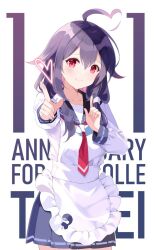 Rule 34 | 1girl, ahoge, apron, heart, kantai collection, looking at viewer, multicolored hair, necktie, no legwear, pink hair, pointing, pointing at self, pointing at viewer, purple hair, red eyes, rei (rei&#039;s room), school uniform, skirt, smile, taigei (kancolle), text background, twintails, white apron, white background