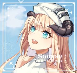 Rule 34 | 1girl, arknights, bare shoulders, beret, blonde hair, blue eyes, blue sky, chigelanmei, chinese commentary, commentary request, day, hat, horns, horns through headwear, long hair, nightingale (arknights), portrait, sky, sleeveless, sleeveless turtleneck, solo, turtleneck, white hat