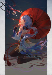 Rule 34 | 1girl, ahoge, back, backless outfit, bare shoulders, black pantyhose, blue hair, bow, chinese knot, detached sleeves, flower, flower knot, from behind, full body, ganyu (genshin impact), genshin impact, gold trim, high heels, highres, holding, holding flower, horns, long hair, looking at viewer, looking back, low ponytail, pantyhose, purple eyes, rakuhei, sidelocks, smile, solo, tassel, thighlet, umbrella, vision (genshin impact), waist cape, white flower, white sleeves