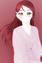 Rule 34 | 10s, 1girl, artist name, blush, breasts, brown eyes, brown hair, closed mouth, collarbone, female focus, flat chest, hair between eyes, hair ornament, hairclip, highres, long hair, looking at viewer, love live!, love live! sunshine!!, pink robe, red background, red hair, robe, sakurauchi riko, small breasts, solo, yagichan1203, yellow eyes
