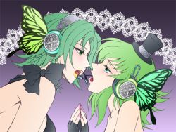 Rule 34 | 2girls, bare shoulders, butterfly wings, eye contact, female focus, fingerless gloves, gloves, green eyes, green hair, gumi, hat, headphones, headset, imminent kiss, insect wings, lips, lipstick, looking at another, magnet (vocaloid), makeup, microphone, mini hat, mini top hat, multiple girls, nail polish, open mouth, own hands together, pink nails, short hair, sonika, top hat, vocaloid, wings, yuri
