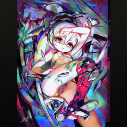 Rule 34 | 1girl, :o, abstract, arm over head, arm up, bad id, bad pixiv id, bare legs, bikini, border, breasts, chibi, cockpit, colorful, commentary request, faux traditional media, green bikini, hand on leg, headphones, highres, jnt, leg lift, looking at viewer, lying, mechanical legs, medium hair, micro bikini, mismatched bikini, multicolored bikini, multicolored clothes, no nipples, open mouth, original, pedal, red bikini, red eyes, short eyebrows, signature, single mechanical leg, small breasts, solo, swimsuit, twintails, white hair