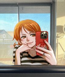 Rule 34 | 1girl, alternate costume, artist name, cellphone, closed mouth, commentary, english commentary, highres, holding, holding phone, mrs.custard, nami (one piece), one piece, one piece (live action), orange eyes, orange hair, phone, photo background, selfie, short hair, signature, smartphone, smile, solo, twitter username