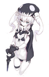 Rule 34 | 1girl, abyssal ship, artist name, bikini, black bikini, black gloves, blue eyes, breasts, cloak, closed mouth, colored skin, cropped legs, expressionless, front-tie bikini top, front-tie top, gloves, goekawa, hair between eyes, hat, kantai collection, looking at viewer, navel, simple background, sketch, small breasts, solo, swimsuit, white background, white hair, white skin, wo-class aircraft carrier