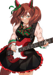 Rule 34 | 1girl, absurdres, animal ears, bass guitar, black dress, blush, bow, brown eyes, buttons, collared dress, commentary request, double-breasted, dress, ear bow, frilled dress, frills, green bow, guitar, highres, holding, holding instrument, horse ears, horse girl, horse tail, instrument, juliet sleeves, long sleeves, medium hair, multicolored hair, music, nice nature (umamusume), olecafe2, partial commentary, pinafore dress, playing instrument, puffy sleeves, red hair, simple background, sleeveless, sleeveless dress, smile, solo, streaked hair, striped, striped bow, tail, twintails, umamusume, white background