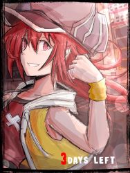 Rule 34 | 1girl, bare shoulders, cabbie hat, city, crop top, cross, eyebrows, female focus, grin, hat, highres, jacket, jewelry, looking at viewer, matching hair/eyes, misaki shiki, necklace, red eyes, red hair, red shirt, shirt, sleeveless, sleeveless jacket, smile, solo, subarashiki kono sekai, upper body, wristband, yellow jacket