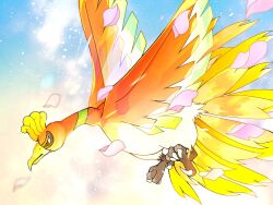 Rule 34 | bird, closed mouth, commentary request, creatures (company), day, falling petals, flying, from side, game freak, gen 2 pokemon, highres, ho-oh, legendary pokemon, nintendo, no humans, outdoors, petals, pokemon, pokemon (creature), solo, talons, wafu pkmn