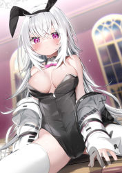 Rule 34 | 1girl, animal ears, black hairband, black jacket, black leotard, blurry, blurry background, breasts, closed mouth, commentary request, depth of field, grey hair, hair between eyes, hairband, highres, indoors, jacket, kamioka shun&#039;ya, large breasts, leotard, long hair, long sleeves, looking at viewer, off shoulder, open clothes, open jacket, original, purple eyes, rabbit ears, shiori (kamioka shun&#039;ya), sleeves past wrists, solo, spread legs, strapless, strapless leotard, tears, thighhighs, very long hair, white thighhighs, window