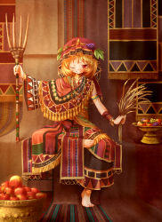 Rule 34 | 1girl, absurdres, ainu clothes, aki minoriko, alternate costume, anklet, apple, arinu, barefoot, blonde hair, bowl, bracelet, food, fruit, grapes, hat, highres, holding, indian clothes, jewelry, leaf, looking at viewer, mat, necklace, one eye closed, persimmon, sari, shawl, short hair, sitting, smile, solo, staff, touhou, tribal, wheat, yellow eyes