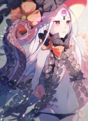 Rule 34 | 1girl, abigail williams (fate), abigail williams (third ascension) (fate), black bow, black gloves, black hat, black panties, bow, commentary request, elbow gloves, fate/grand order, fate (series), gloves, glowing, groin, hat, hat bow, highres, hiyunagi, long hair, looking away, navel, orange bow, pale skin, panties, parted bangs, parted lips, print bow, red eyes, revealing clothes, skull print, solo, star (symbol), star print, suction cups, tentacles, topless, underwear, very long hair, white hair, witch hat