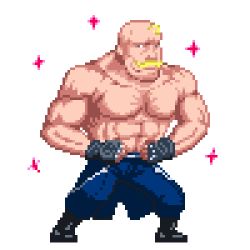 Rule 34 | 00s, 1boy, alex louis armstrong, facial hair, full body, fullmetal alchemist, johnny.w, lowres, male focus, muscular, mustache, pixel art, simple background, solo, sparkle, topless male, white background