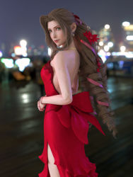 Rule 34 | 1girl, absurdres, aerith gainsborough, breasts, brown hair, dress, earrings, final fantasy, final fantasy vii, final fantasy vii remake, from behind, green eyes, highres, jewelry, long hair, looking at viewer, makeup, official alternate costume, red dress, sideboob, smile, square enix, star (symbol), star earrings, sundapao, wall market