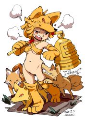 Rule 34 | 1girl, puff of air, absurdres, bell, blonde hair, bottomless, breasts, commentary request, commission, dated, elbow gloves, fox hat, full body, gloves, halterneck, highres, holding, holding staff, hounori, kitsune, looking at animal, moonlight flower, navel, nine tail (ragnarok online), no pussy, open mouth, ragnarok masters, ragnarok online, red eyes, second-party source, short hair, signature, skeb commission, small breasts, staff, sweatdrop, thighhighs, white background, yellow thighhighs