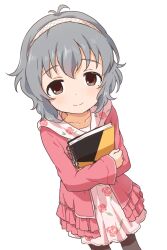 Rule 34 | 1girl, absurdres, antenna hair, black pants, blush, brown eyes, buchi (y0u0ri ), closed mouth, collarbone, dot nose, flat chest, floral print dress, from above, grey hair, hairband, highres, holding, holding sketchbook, idolmaster, idolmaster cinderella girls, idolmaster cinderella girls starlight stage, jacket, long sleeves, looking at viewer, looking up, mole, mole under eye, narumiya yume, open clothes, open jacket, pants, pink jacket, short hair, simple background, sketchbook, smile, solo, white background, white hairband