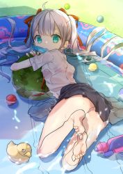 Rule 34 | 1girl, aqua eyes, ball, bare legs, barefoot, black skirt, bra, bralines, commentary request, feet, food, food in mouth, fruit, hair ribbon, highres, hugging object, long hair, looking at viewer, looking back, moe2018, mouth hold, omucchan (omutyuan), original, panties, partially submerged, pink bra, pleated skirt, popsicle, red ribbon, ribbon, see-through, shirt, short sleeves, silver hair, skirt, soles, solo, striped clothes, striped panties, toes, twintails, underwear, very long hair, wading pool, water, water gun, watermelon, wet, wet clothes, wet shirt, white shirt