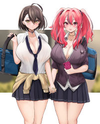Rule 34 | 2girls, :o, absurdres, ahoge, azur lane, bag, baltimore (after-school ace) (azur lane), baltimore (azur lane), beige cardigan, black cardigan, black choker, black neckwear, black skirt, blurry, blurry background, blush, braid, breasts, bremerton (azur lane), brown hair, cardigan, cardigan around waist, cellphone, choker, cleavage, clothes around waist, collarbone, collared shirt, commentary request, cowboy shot, doinaka, ear piercing, french braid, grey hair, hair between eyes, hair intakes, hair ornament, hand up, highres, holding, holding bag, holding hands, holding phone, jewelry, large breasts, long hair, looking at viewer, loose necktie, mole, mole under eye, multicolored hair, multiple girls, necklace, necktie, official alternate costume, open mouth, parted lips, phone, piercing, pink eyes, pink hair, pleated skirt, school bag, school uniform, shirt, short hair, short sleeves, sidelocks, skirt, sleeves rolled up, smartphone, smile, standing, streaked hair, teeth, twintails, two-tone hair, untucked shirt, upper teeth only, white shirt, yellow eyes