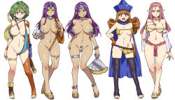 Rule 34 | 5girls, alena (dq4), alternate breast size, anklet, asymmetrical legwear, belt, belt buckle, blue eyes, blush, bracelet, breasts, breasts apart, brown eyes, brown hair, buckle, cleft of venus, closed mouth, collarbone, curly hair, cynthia (dq4), dark-skinned female, dark skin, dragon quest, dragon quest iv, earrings, feet, female focus, full body, gloves, gluteal fold, green eyes, green hair, green nails, grin, groin, hairband, hand on own hip, hat, heroine (dq4), highres, jewelry, large breasts, long hair, looking at viewer, manya (dq4), minea (dq4), mismatched legwear, mizuryu kei, multiple girls, nail polish, navel, open mouth, parted lips, pink hair, pointy ears, purple hair, purple nails, pussy, pussy peek, red eyes, revealing clothes, sandals, scabbard, sheath, shield, shiny skin, shoes, short hair, siblings, simple background, single glove, sisters, smile, standing, teeth, thighhighs, tiara, toe ring, toeless legwear, toenail polish, toenails, toes, upper teeth only, weapon, white background