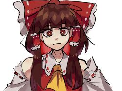 Rule 34 | 1girl, ascot, bare shoulders, bow, brown eyes, brown hair, closed mouth, collar, collared vest, commentary request, detached sleeves, frilled bow, frilled collar, frilled hair tubes, frills, hair bow, hair tubes, hakurei reimu, korean commentary, light frown, long hair, long sleeves, looking at viewer, red bow, red vest, ribbon-trimmed bow, ribbon-trimmed collar, ribbon-trimmed sleeves, ribbon trim, simple background, solo, straight-on, touhou, upper body, vest, waiwa way, white background, white collar, white sleeves, yellow ascot