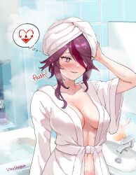 Rule 34 | 1girl, absurdres, after bathing, artist name, bathrobe, bathroom, bathtub, blush, breasts, collarbone, commentary, cup, english commentary, english text, genshin impact, hair over one eye, heart, highres, indoors, large breasts, mirror, multicolored hair, navel, purple eyes, purple hair, red hair, rosaria (genshin impact), short hair, sidelocks, sink, smile, solo, spoken heart, steam, streaked hair, thought bubble, tile wall, tiles, toothbrush, towel, towel on head, upper body, vitashogun, water, watermark, wet