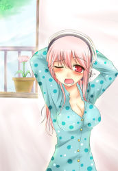 Rule 34 | 1girl, bad id, bad pixiv id, blush, breasts, cleavage, female focus, headphones, large breasts, long hair, looking at viewer, nitroplus, one eye closed, open mouth, pajamas, pink eyes, pink hair, shappo (dodosyappo), sleepwear, solo, super sonico, tears, yawning