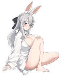 Rule 34 | 1girl, absurdres, animal ear fluff, animal ears, aningay, bare legs, barefoot, black bow, blue eyes, bow, braid, breasts, collared shirt, copyright request, dress shirt, full body, grey hair, hair bow, hand on own knee, highres, knee up, large breasts, long sleeves, naked shirt, rabbit ears, shirt, simple background, sleeves past wrists, solo, thighs, white background, white shirt