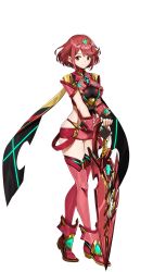Rule 34 | 1girl, armor, black gloves, breasts, closed mouth, clothing cutout, earrings, fingerless gloves, floating hair, framed breasts, full body, gem, gloves, hair ornament, headpiece, highres, jewelry, large breasts, leotard, neon trim, official art, piercing, pyra (xenoblade), red hair, red shorts, red thighhighs, saitou masatsugu, shiny clothes, shoes, short hair, short shorts, short sleeves, shorts, side cutout, sidelocks, skin tight, solo, standing, swept bangs, thighhighs, tiara, transparent background, turtleneck, underbust, vambraces, weapon, xenoblade chronicles (series), xenoblade chronicles 2