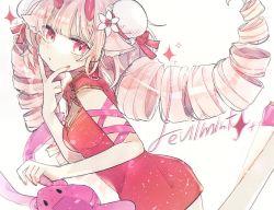 Rule 34 | #compass, 1girl, alternate color, alternate costume, animal ear fluff, animal ears, arm ribbon, blunt bangs, breasts, bun cover, character name, china dress, chinese clothes, cleavage, cleavage cutout, clothing cutout, devilmintkiryu delmin, diamond (shape), double bun, dress, drill hair, flower, hair bun, hair flower, hair ornament, holding, holding stuffed toy, horns, kino-cands, long hair, looking at viewer, looking back, medium breasts, nail polish, pink eyes, pink hair, pink ribbon, red dress, red horns, red nails, ribbon, short dress, solo, stuffed toy, twin drills, white background