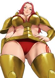 Rule 34 | 1girl, absurdres, arm guards, armor, armored boots, baccarat (one piece), bad id, bad twitter id, blush, boots, breastplate, breasts, cleavage, from below, gluteal fold, gold armor, green eyes, highres, large breasts, long hair, looking at viewer, looking down, one piece, one piece film: gold, panties, parted bangs, pauldrons, red hair, red panties, shoulder armor, smile, solo, thighs, underwear, white background, yoshio (55level)