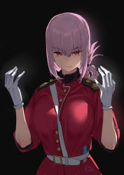 Rule 34 | 1girl, absurdres, belt, between breasts, black background, braid, breasts, chaoxi, crossover, epaulettes, fate/grand order, fate (series), florence nightingale (fate), gloves, hair between eyes, highres, jacket, kamen rider, kamen rider ex-aid, kamen rider ex-aid (series), large breasts, long hair, long sleeves, looking at viewer, military jacket, pink hair, red eyes, red jacket, sleeves rolled up, solo, strap between breasts, upper body, white belt, white gloves