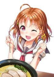 Rule 34 | 10s, 1girl, ;d, absurdres, ahoge, blush, bow, bowl, braid, chopsticks, clover hair ornament, food, hair ornament, highres, holding, holding chopsticks, light blush, looking at viewer, love live!, love live! sunshine!!, neckerchief, one eye closed, open mouth, orange hair, pink eyes, school uniform, serafuku, short sleeves, side braid, simple background, smile, solo, takami chika, upper body, violetshit, white background, yellow bow