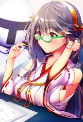 Rule 34 | 1girl, adjusting hair, admiral (kancolle), aiguillette, bare shoulders, black hair, blush, breasts, brown eyes, collarbone, detached sleeves, glasses, green-framed eyewear, hair ornament, hairband, hairclip, haruna (kancolle), headgear, highres, holding, holding pen, japanese clothes, kantai collection, large breasts, long hair, nontraditional miko, parted lips, pen, remodel (kantai collection), sidelocks, sitting, swept bangs, tsukui kachou, wide sleeves